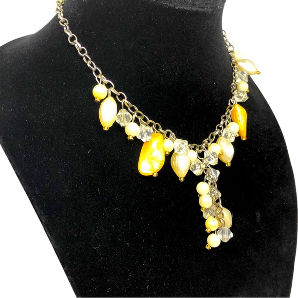 Y Drop Necklace Stones Pearls Beads White Clear & Gold. 1980s - Picture 2 of 6